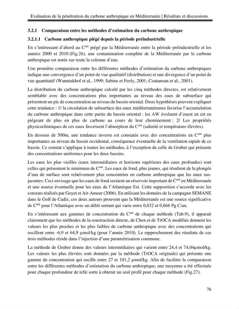 Estimation de la pénétration du carbone anthropique en méditerranée