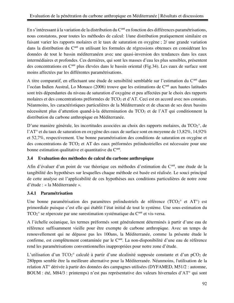 Estimation de la pénétration du carbone anthropique en méditerranée