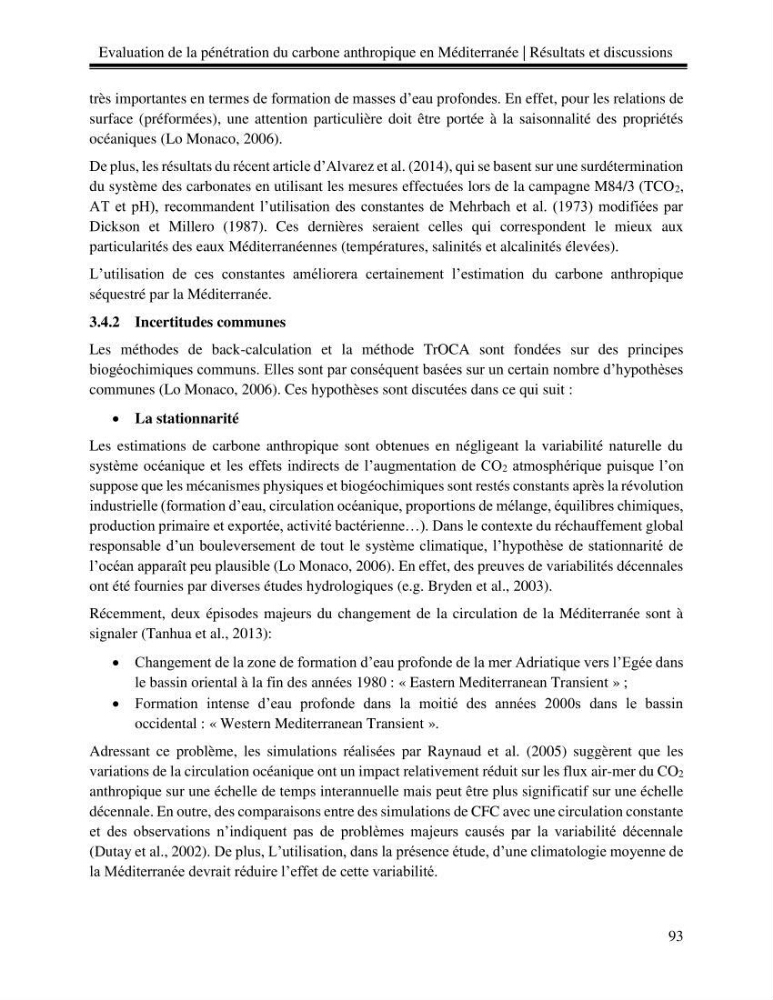Estimation de la pénétration du carbone anthropique en méditerranée