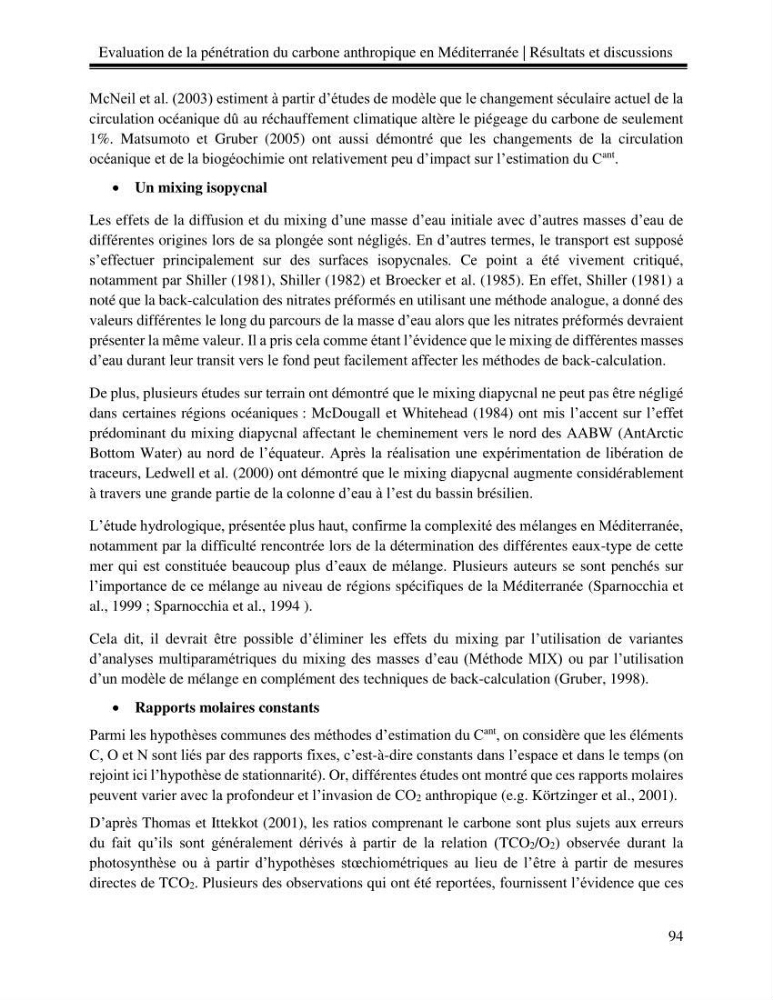 Estimation de la pénétration du carbone anthropique en méditerranée