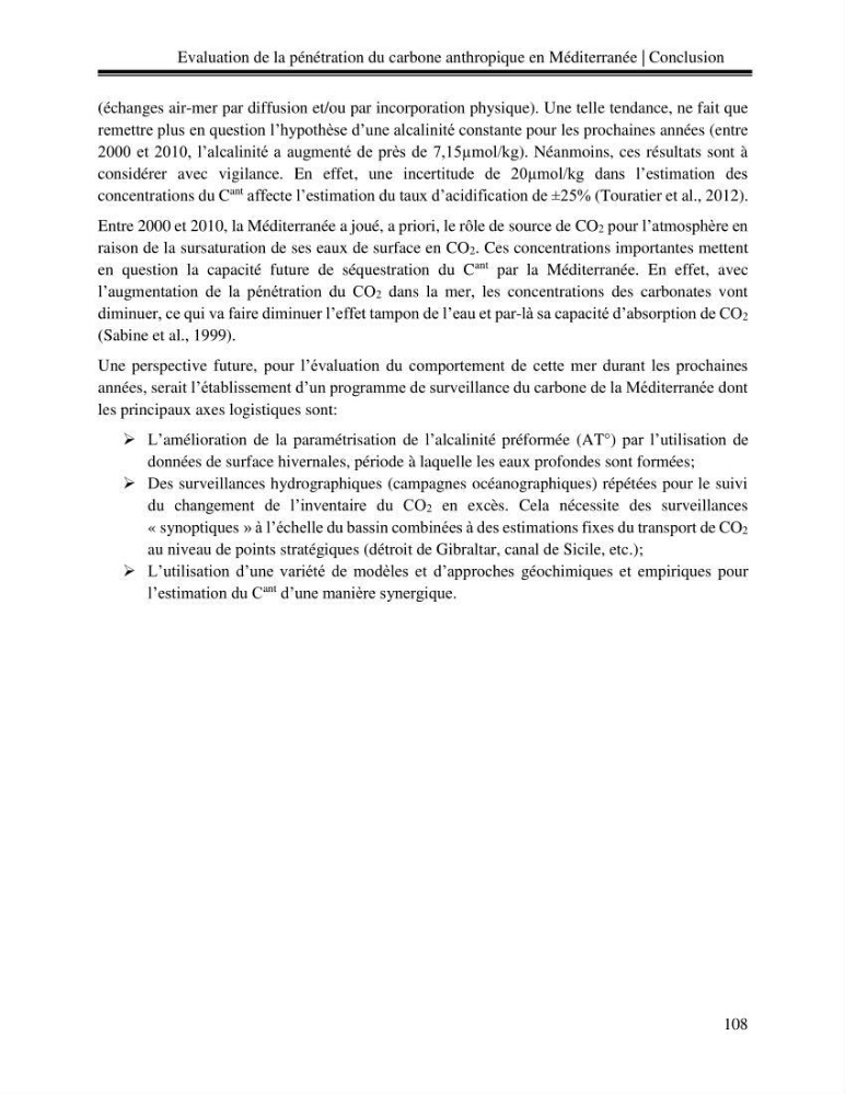 Estimation de la pénétration du carbone anthropique en méditerranée