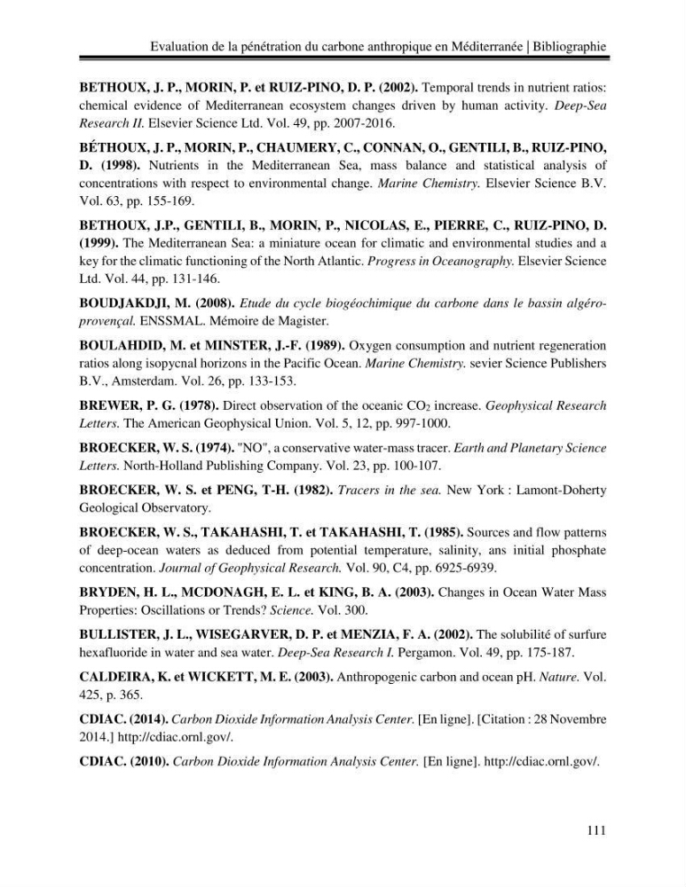 Estimation de la pénétration du carbone anthropique en méditerranée