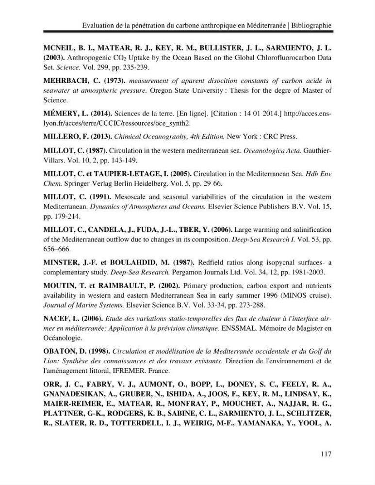 Estimation de la pénétration du carbone anthropique en méditerranée