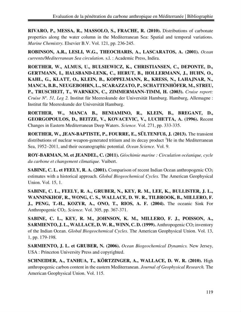 Estimation de la pénétration du carbone anthropique en méditerranée