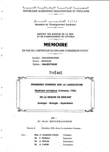 Premières données sur la langoustine Nephrops norvegicus (Linnaeus, 1758) de la région de Beni Saf Premières données sur la langoustine Nephrops norvegicus (Linnaeus, 1758) de la région de Beni Saf