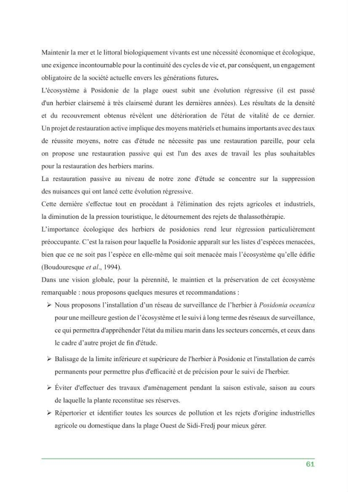 Contribution à l\'étude de l\'état écologique des herbiers à phanérogames marines ( Posidonia Oceanica ) : au niveau de la plage ouest de Sidi-Fredj