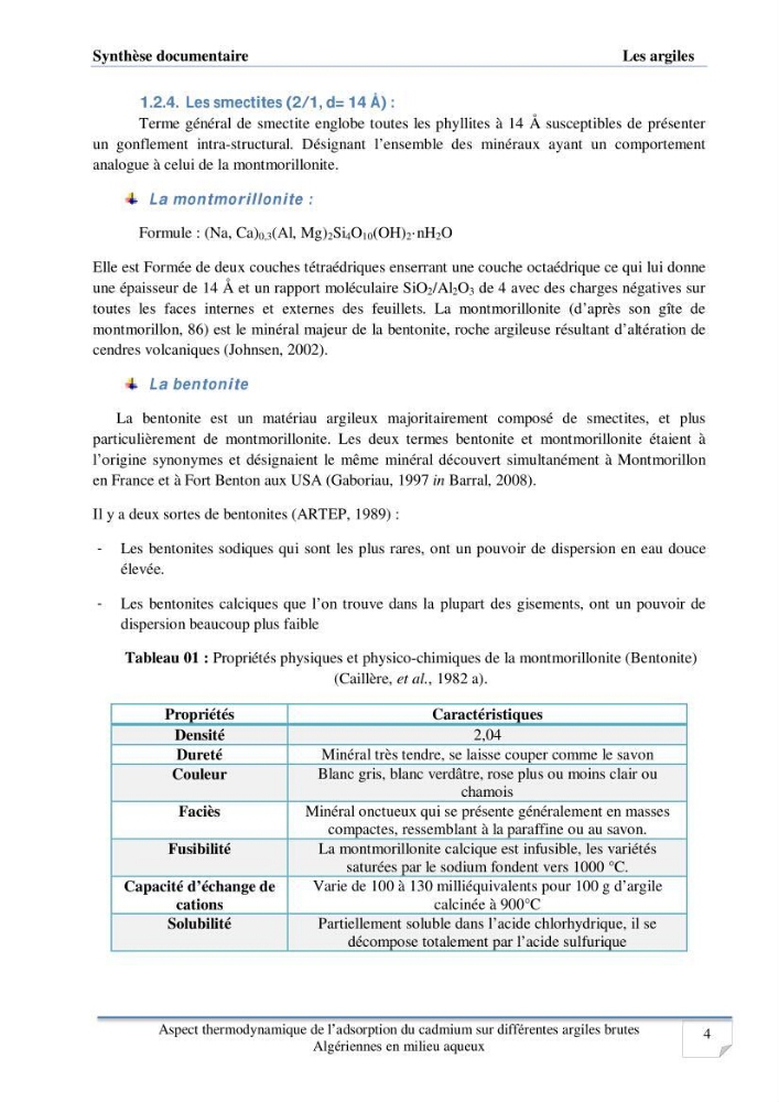 Aspect thermodynamique de l\'adsorption du cadmium sur différentes argiles brutes Algériennes en milieu aqueux