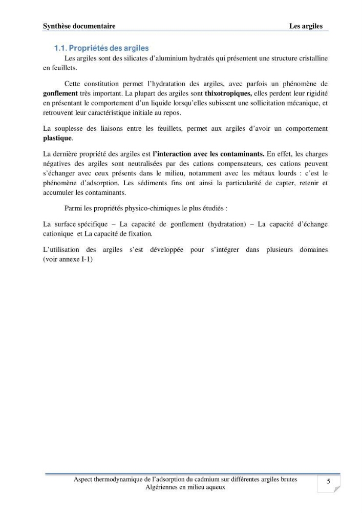 Aspect thermodynamique de l\'adsorption du cadmium sur différentes argiles brutes Algériennes en milieu aqueux