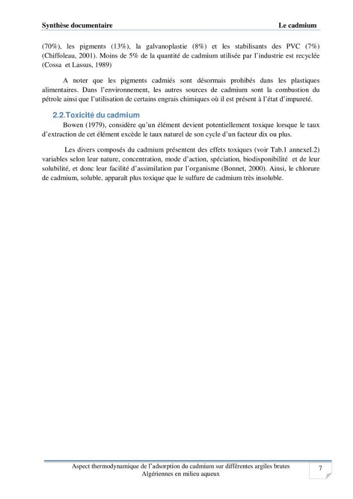 Aspect thermodynamique de l\'adsorption du cadmium sur différentes argiles brutes Algériennes en milieu aqueux