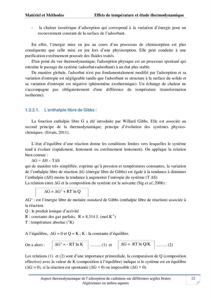 Aspect thermodynamique de l\'adsorption du cadmium sur différentes argiles brutes Algériennes en milieu aqueux