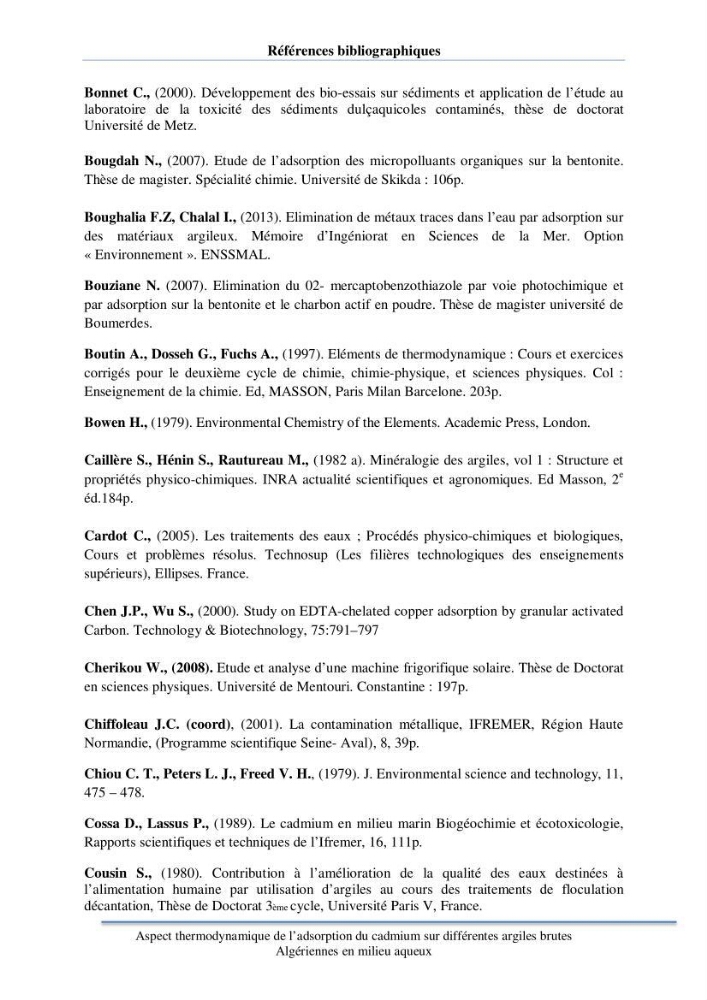 Aspect thermodynamique de l\'adsorption du cadmium sur différentes argiles brutes Algériennes en milieu aqueux