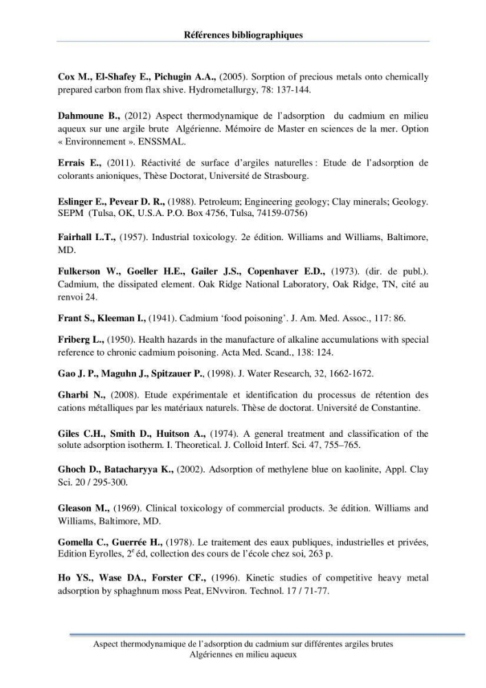 Aspect thermodynamique de l\'adsorption du cadmium sur différentes argiles brutes Algériennes en milieu aqueux