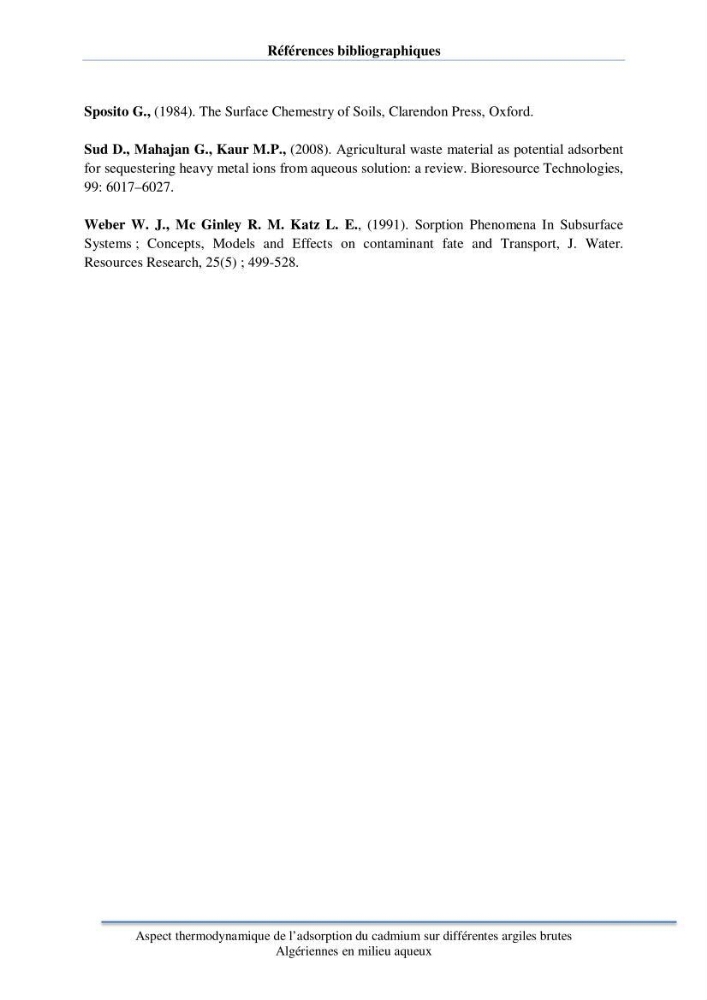 Aspect thermodynamique de l\'adsorption du cadmium sur différentes argiles brutes Algériennes en milieu aqueux