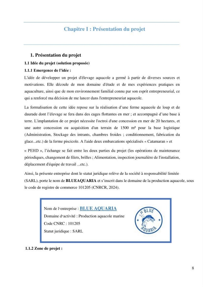 Projet de création d\'une ferme aquacole marine de Dicentrarchus labrax Loup et Daurade Sparus aurata