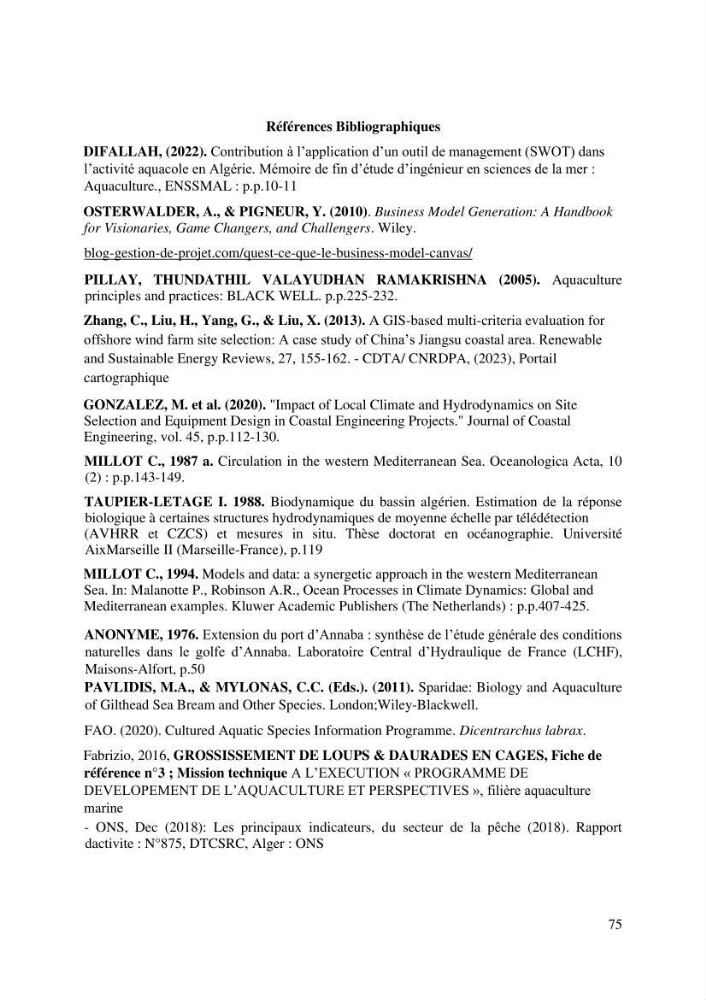 Projet de création d\'une ferme aquacole marine de Dicentrarchus labrax Loup et Daurade Sparus aurata