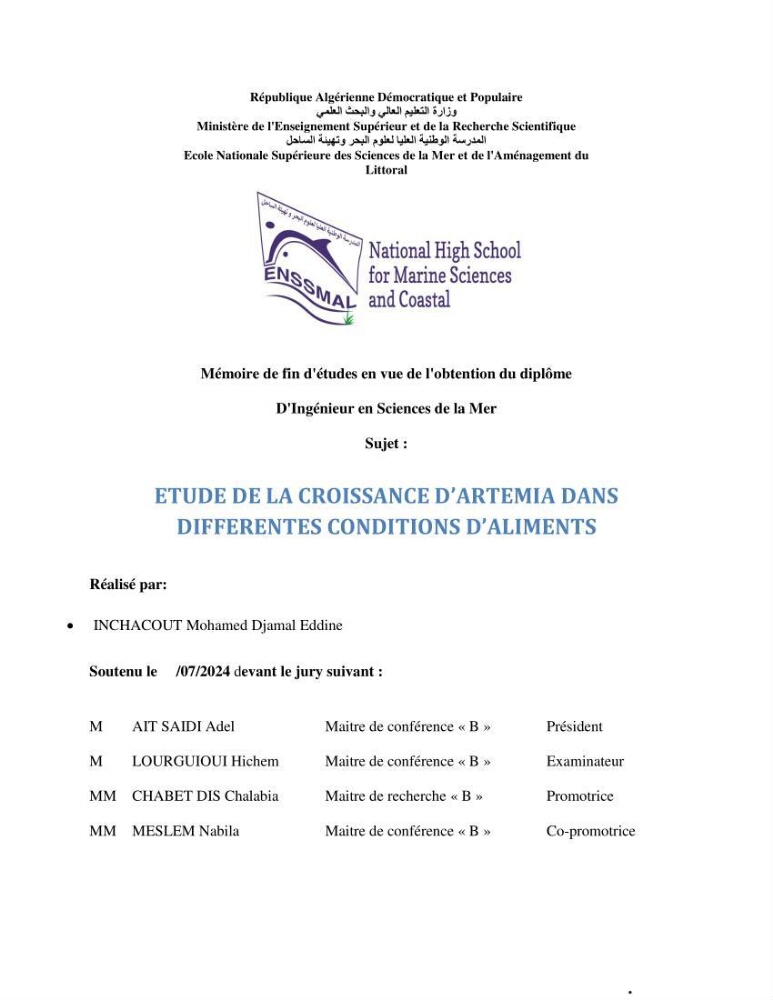 Etude de la croissance d\'Artémia dans differente conditions d\'aliments