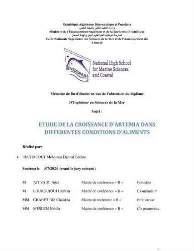 Etude de la croissance d'Artémia dans differente conditions d'aliments Etude de la croissance d'Artémia dans differente conditions d'aliments