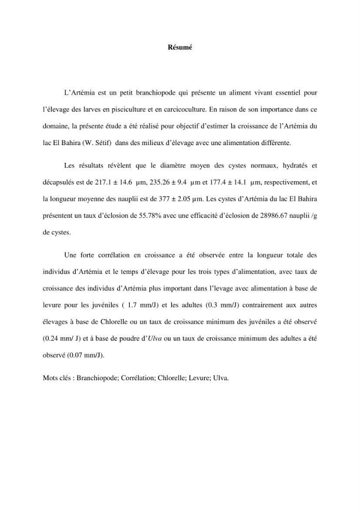 Etude de la croissance d\'Artémia dans differente conditions d\'aliments