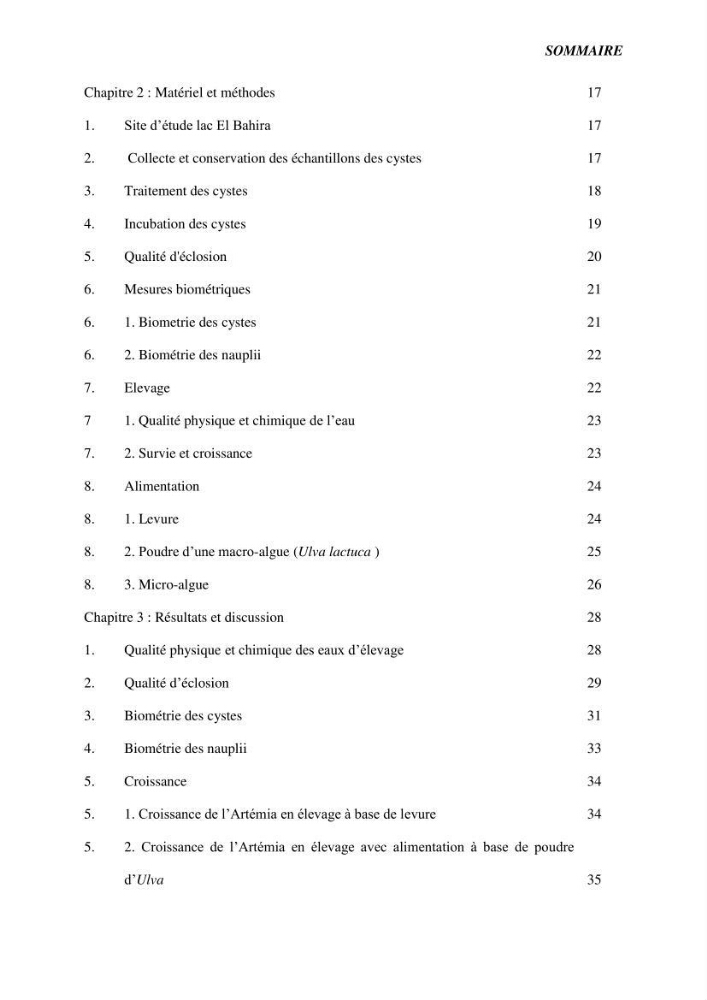 Etude de la croissance d\'Artémia dans differente conditions d\'aliments