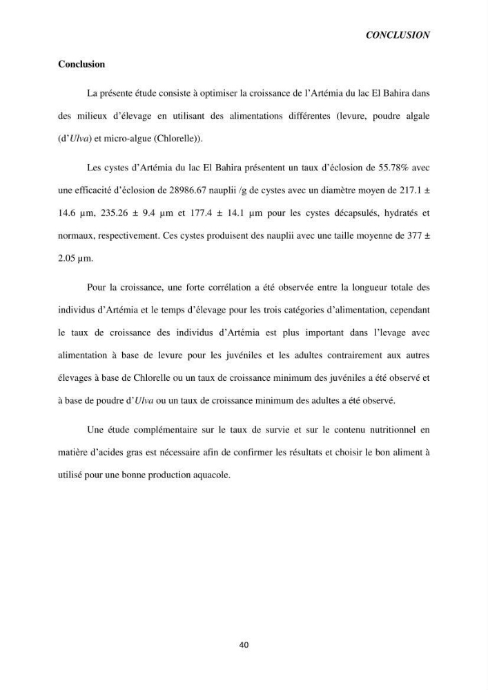 Etude de la croissance d\'Artémia dans differente conditions d\'aliments