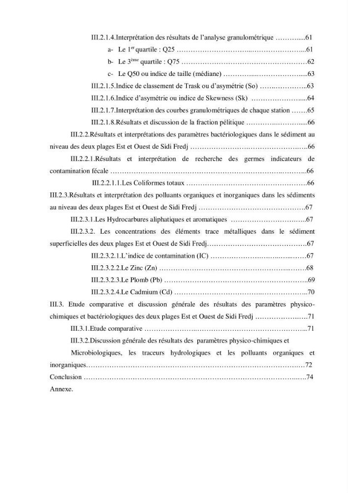 Etude des paramètres physico-chimiques et microbiologiques de l’eau et des sédiments des deux plages Est et Ouest de sidi Fredj.