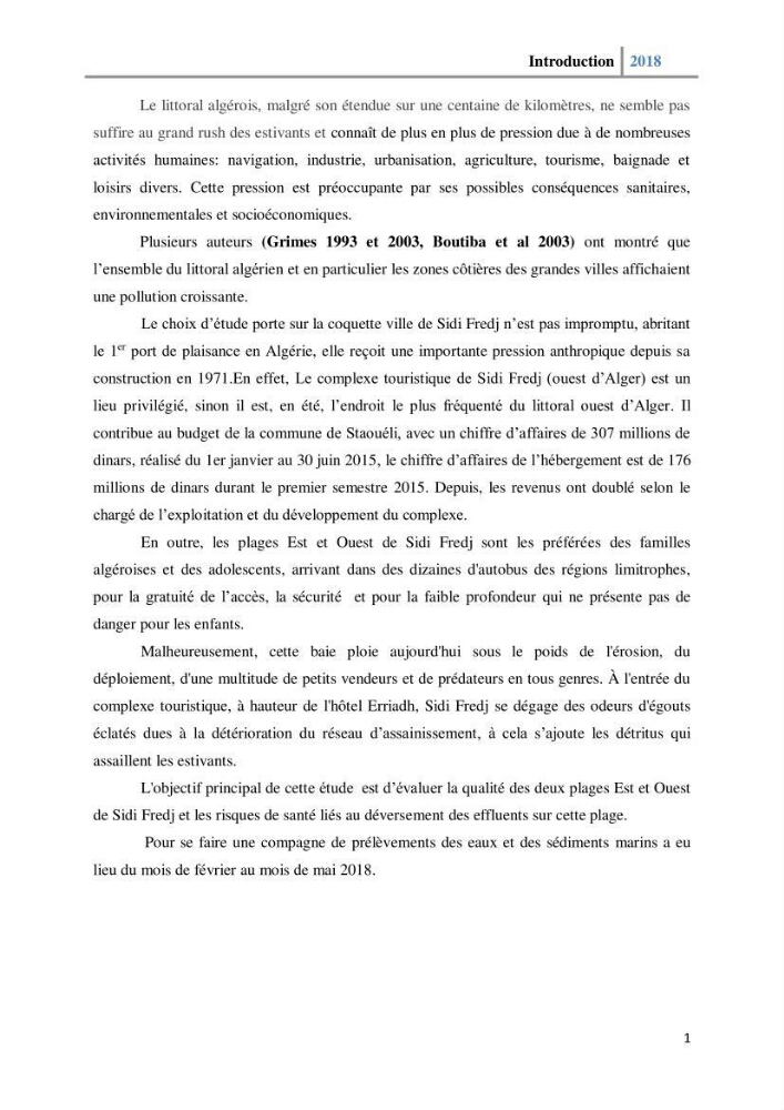 Etude des paramètres physico-chimiques et microbiologiques de l’eau et des sédiments des deux plages Est et Ouest de sidi Fredj.