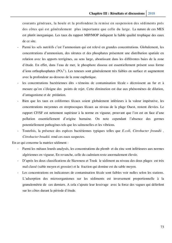 Etude des paramètres physico-chimiques et microbiologiques de l’eau et des sédiments des deux plages Est et Ouest de sidi Fredj.