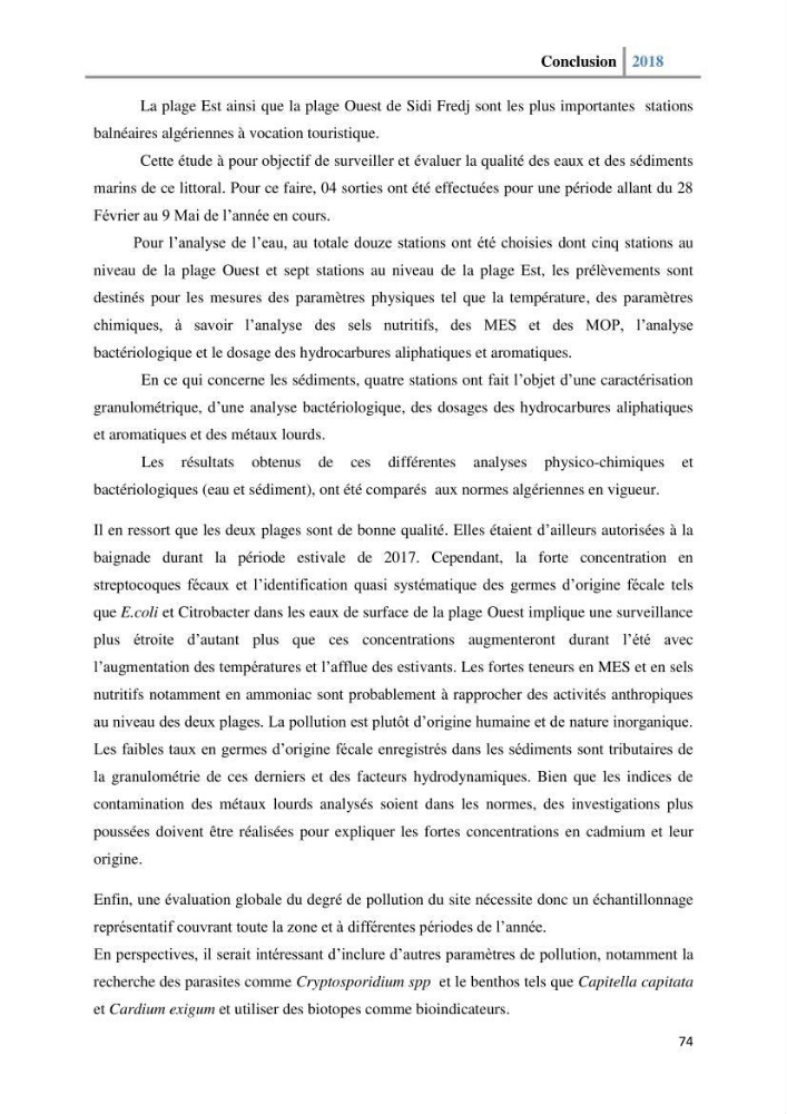 Etude des paramètres physico-chimiques et microbiologiques de l’eau et des sédiments des deux plages Est et Ouest de sidi Fredj.