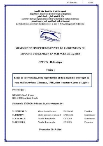 Etude de la croissance, de la reproduction et de la fécondité du rouget de vase Mullus barbatus (Linnaeus, 1758), dans le secteur Centre d'Algérie.: Etude de la croissance, de la reproduction et de la fécondité du rouget de vase Mullus barbatus (Linnaeus, 1758), dans le secteur Centre d'Algérie.: