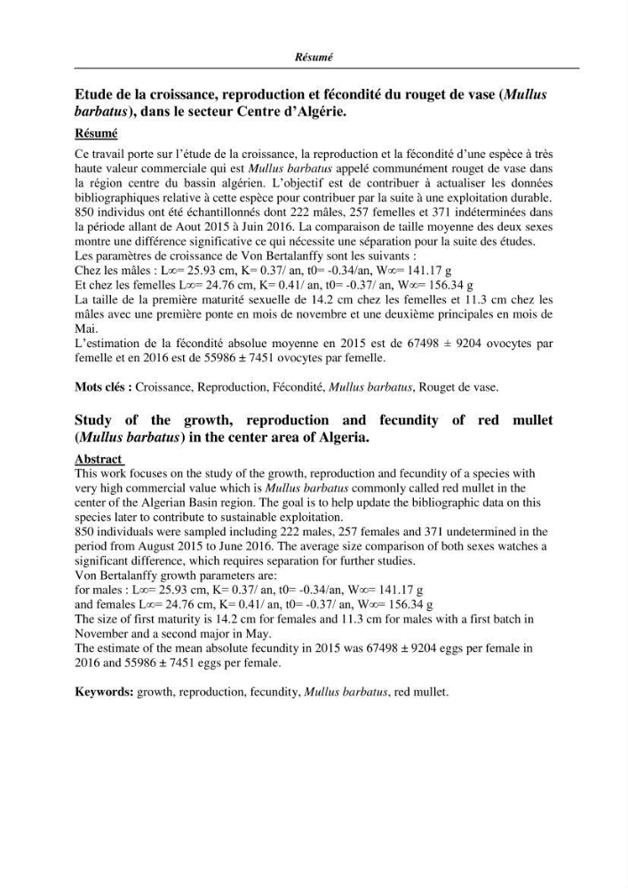 Etude de la croissance, de la reproduction et de la fécondité du rouget de vase Mullus barbatus (Linnaeus, 1758), dans le secteur Centre d\'Algérie.: