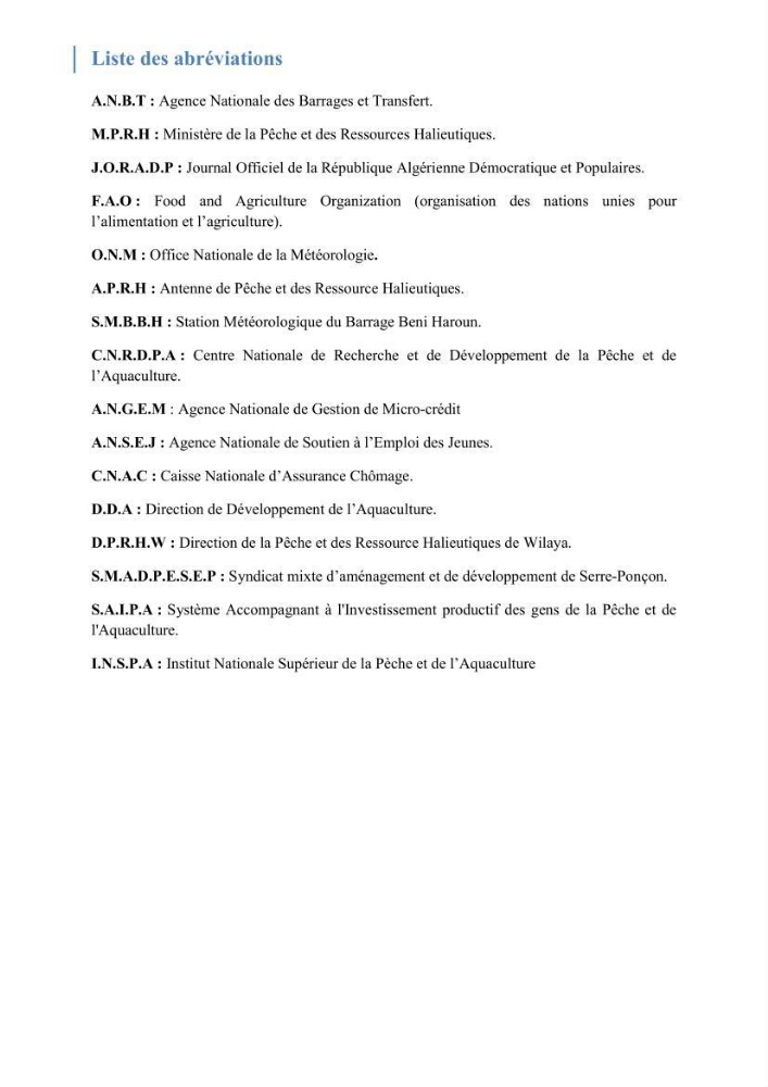 Eude socio-economique et juridique pour l\'aménagement d\'un centre de pêche continentale dans le barrage de Beni Haroun (Wilaya de Mila):