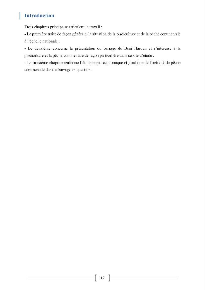 Eude socio-economique et juridique pour l\'aménagement d\'un centre de pêche continentale dans le barrage de Beni Haroun (Wilaya de Mila):