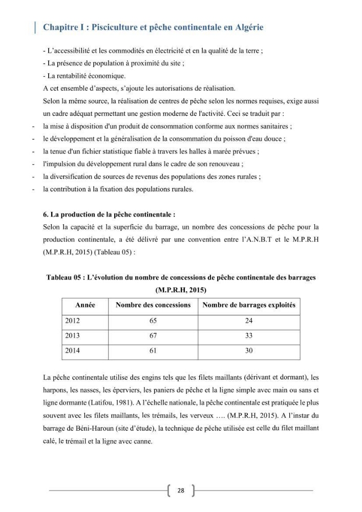 Eude socio-economique et juridique pour l\'aménagement d\'un centre de pêche continentale dans le barrage de Beni Haroun (Wilaya de Mila):