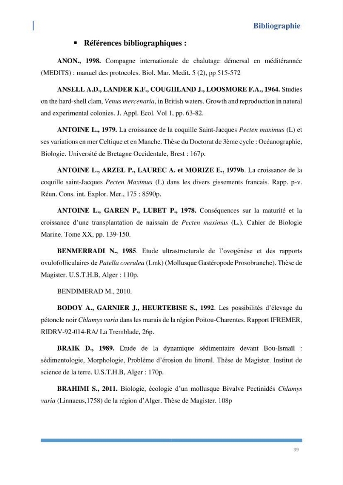 Etude de l’écologie et des Potentialités Aquacoles d’un Mollusque Bivalve Chlamys varia (Linnaeus, 1758) dans la baie de Bou Ismail