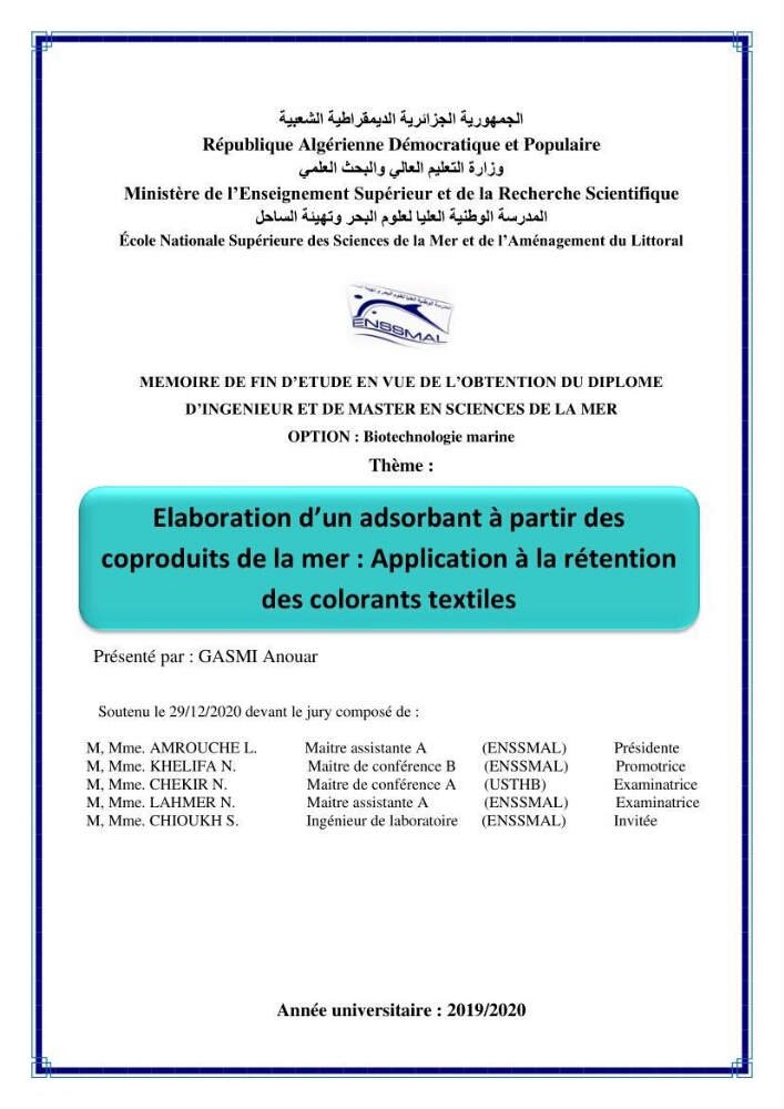Elaboration d\'un adsorbant à partir des coproduits de la mer: application à la rétention des colorants textiles