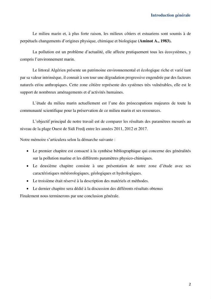 Les paramètres physicochimiques dans l’eau de mer et le sédiment de la plage Ouest de Sidi Fredj: