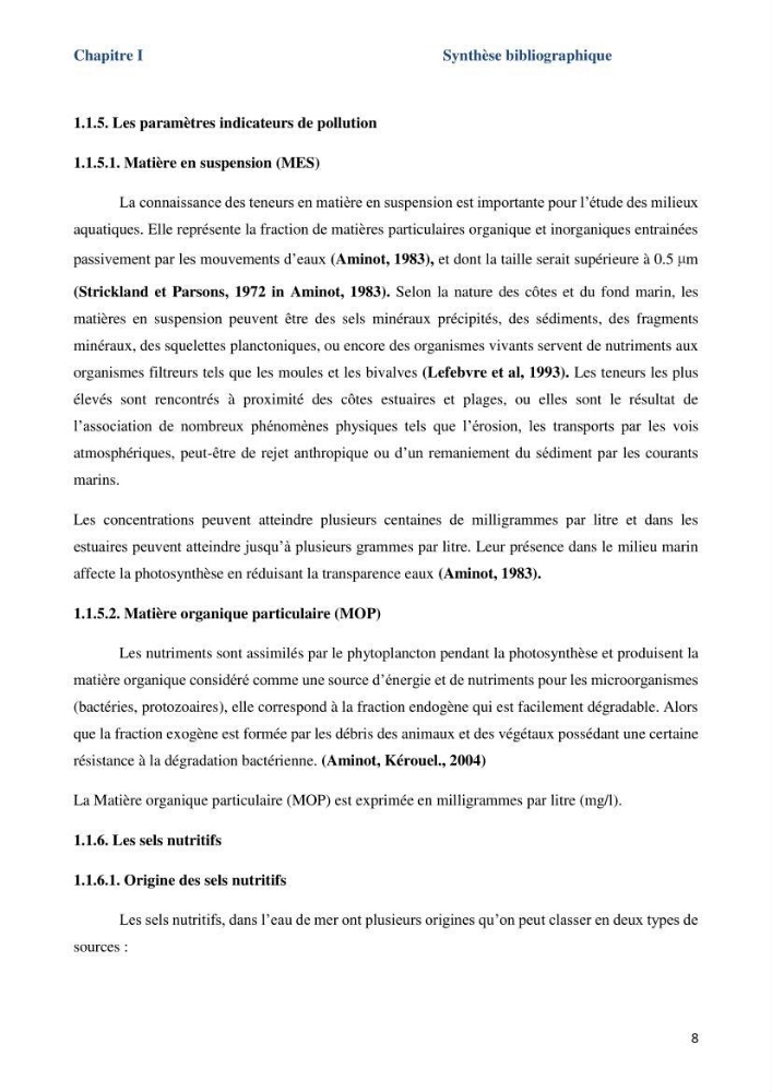 Les paramètres physicochimiques dans l’eau de mer et le sédiment de la plage Ouest de Sidi Fredj: