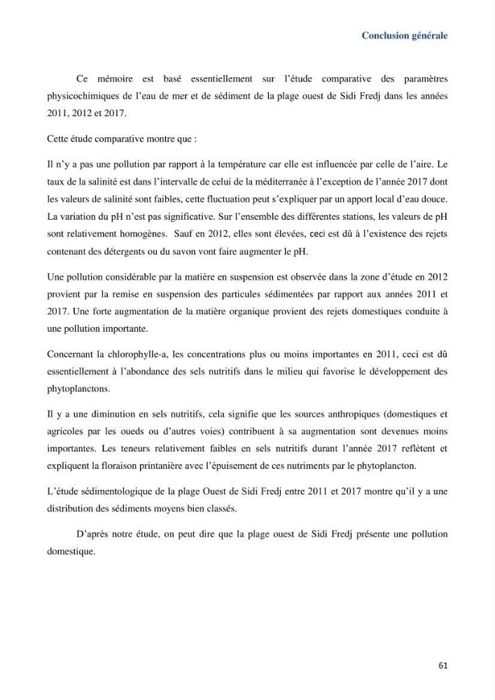 Les paramètres physicochimiques dans l’eau de mer et le sédiment de la plage Ouest de Sidi Fredj: