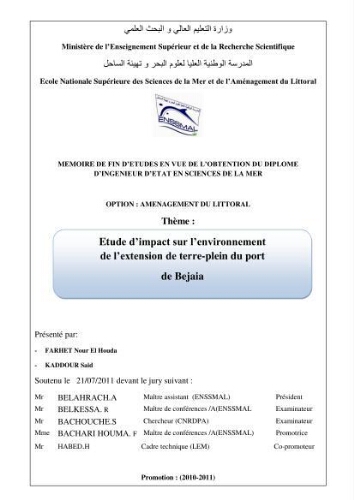 Etude d'impact sur l'environnement de l'extention de terre-plein du port de Bejaia Etude d'impact sur l'environnement de l'extention de terre-plein du port de Bejaia