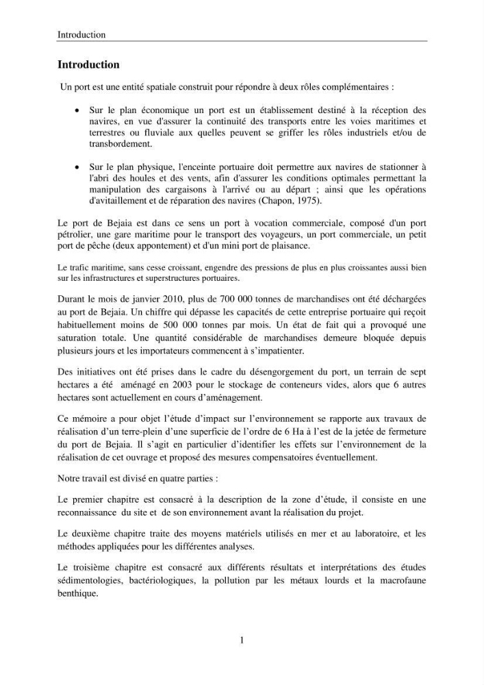 Etude d\'impact sur l\'environnement de l\'extention de terre-plein du port de Bejaia