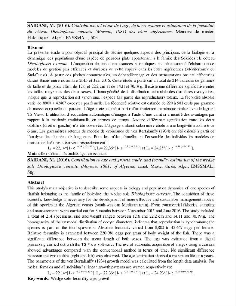 Contribution à l\'étude de l\'âge, de la croissance et estimation de la fécondité du cètea Dicologlossa cuneata (Moreau, 1881) des côtes Algériennes: