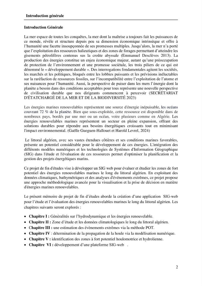 Développement d\'un SIG-WEB pour l\'étude et l\'évaluation des énergies renouvelables marines le long du littoral algérien