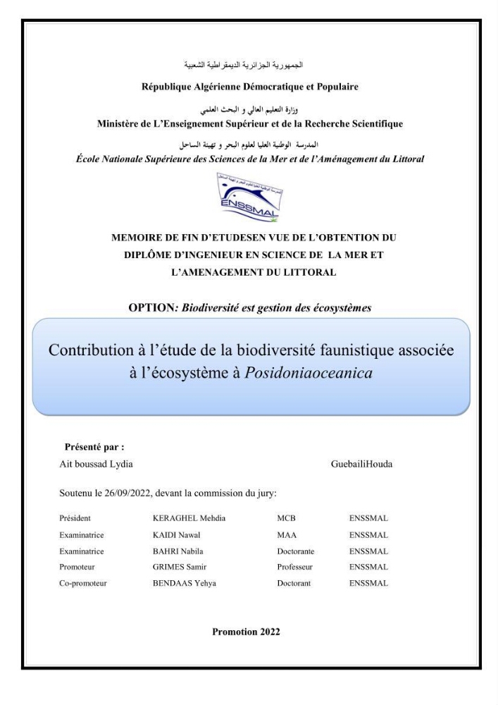 Contribution à l’étude de la biodiversité faunistique associée à l’écosystème à Posidoniaoceanica