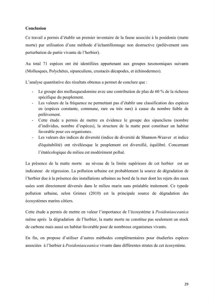 Contribution à l’étude de la biodiversité faunistique associée à l’écosystème à Posidoniaoceanica