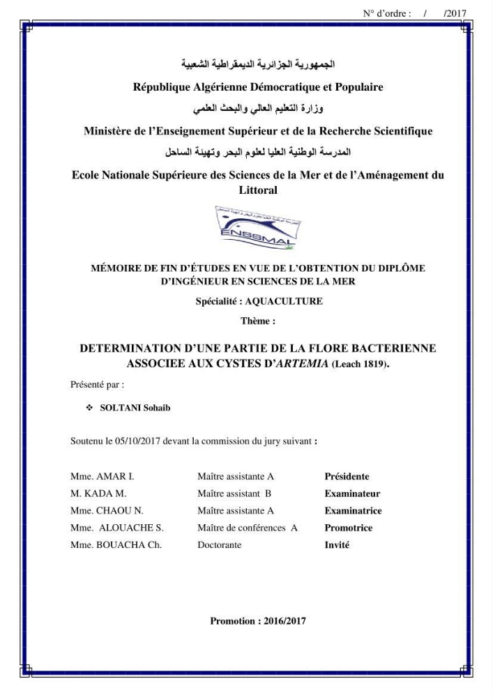 Determination d\'une partie de la flore bactérienne associee aux cystes d\'ARTEMIA (Leach 1819)