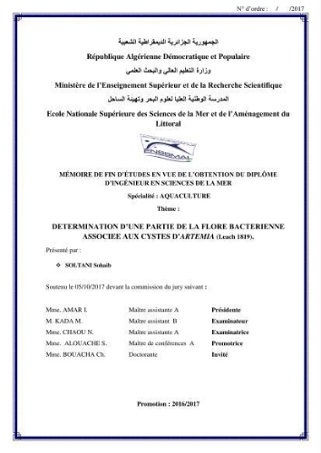 Determination d'une partie de la flore bactérienne associee aux cystes d'ARTEMIA (Leach 1819) Determination d'une partie de la flore bactérienne associee aux cystes d'ARTEMIA (Leach 1819)