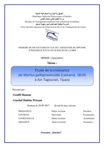 Etude de la croissance de Mytilus galloprovincialis (Lamarrck,1819) à Ain tagourait, Tipaza Etude de la croissance de Mytilus galloprovincialis (Lamarrck,1819) à Ain tagourait, Tipaza
