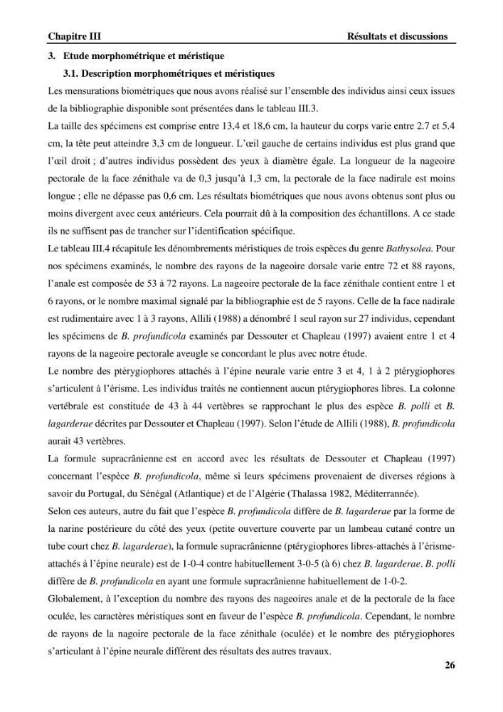 Contribution à l\'étude systématique du genre Bathysolea Roule,1916 (Pleuronnectiformes, Soleidae) des côtes Algeriennes