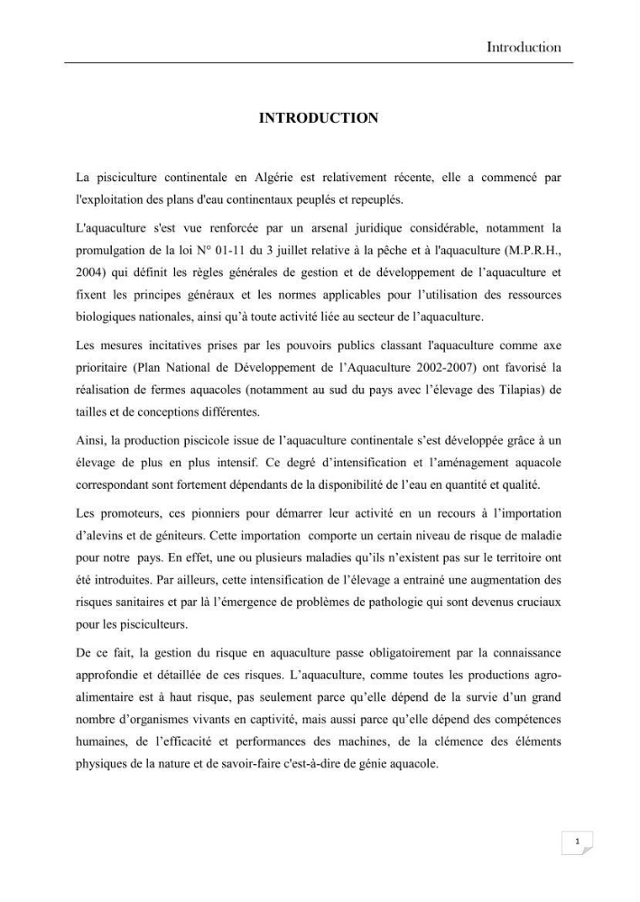 Analyse des aménagements piscicoles et de la gestion sanitaire de la ferme aquacole \"Ezzahra\":