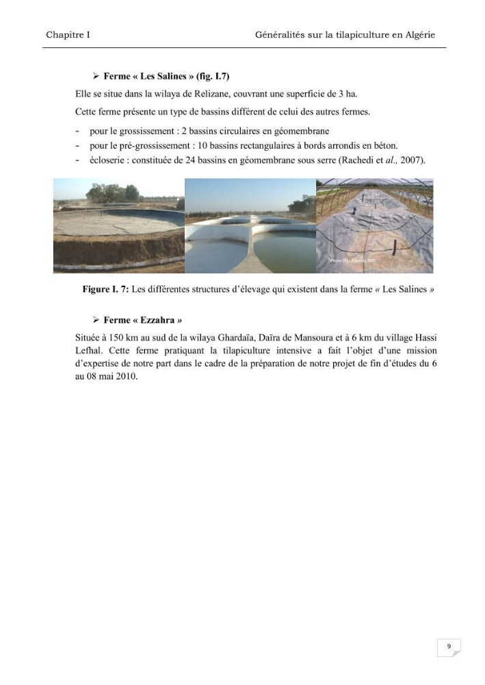 Analyse des aménagements piscicoles et de la gestion sanitaire de la ferme aquacole \"Ezzahra\":